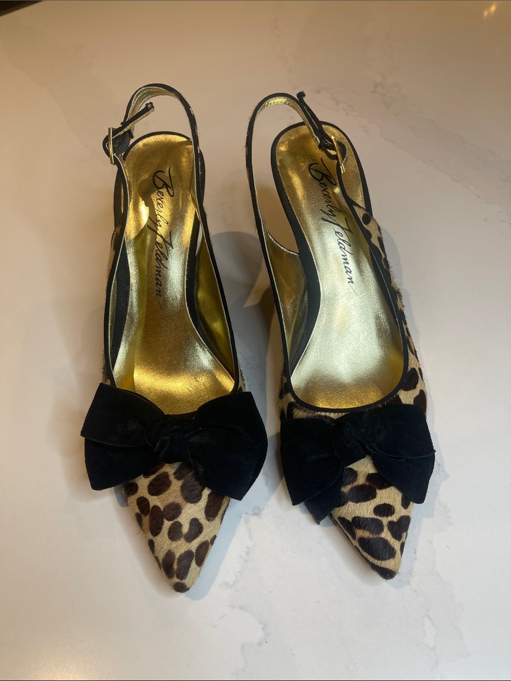 Beverly Feldman Leopard Print Slingback Pumps with Black Bow